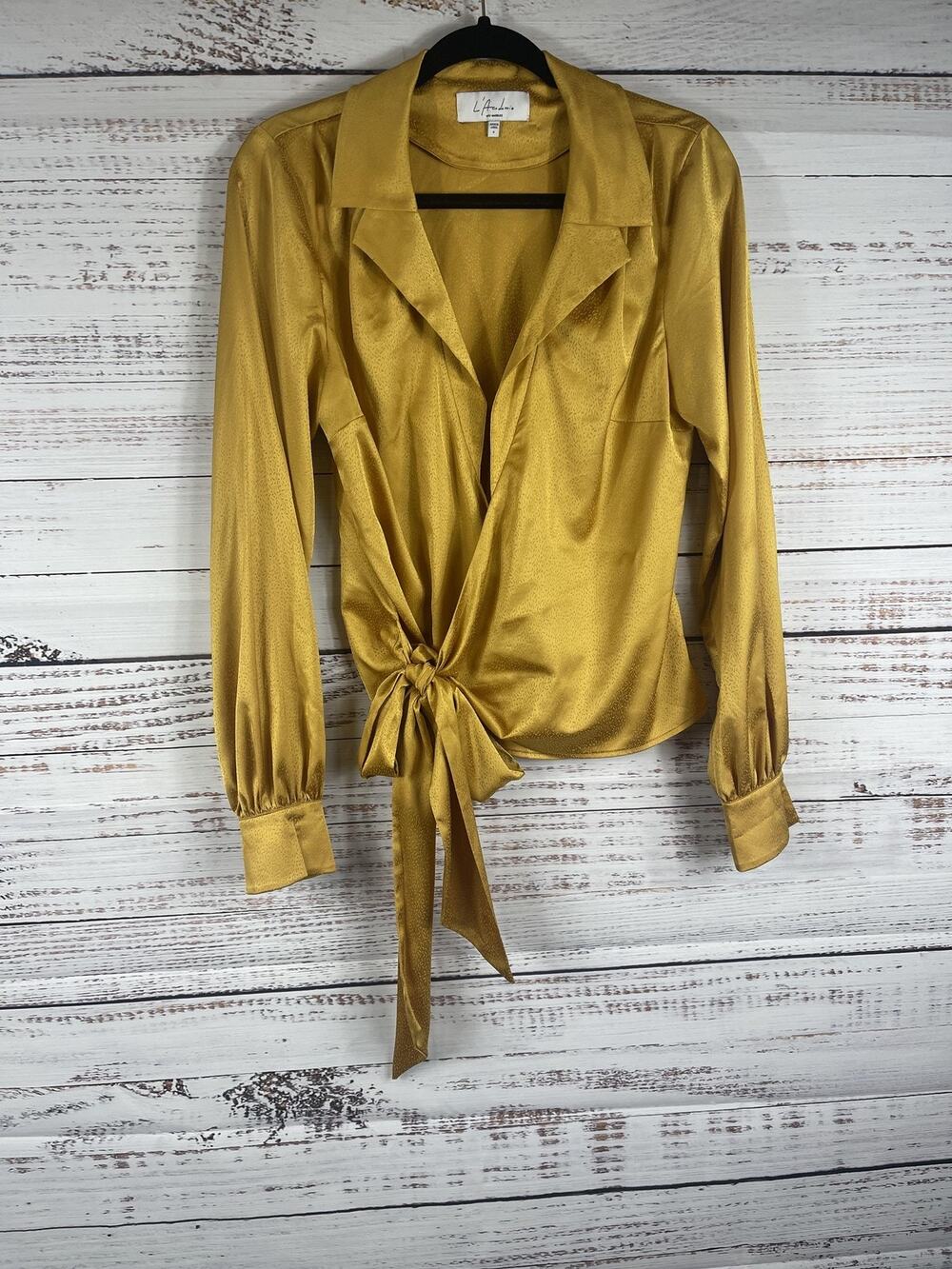 L'Academie Blouse Women's SZ Small Gold Satin Wrap Tie Collared Long Sleeve Top